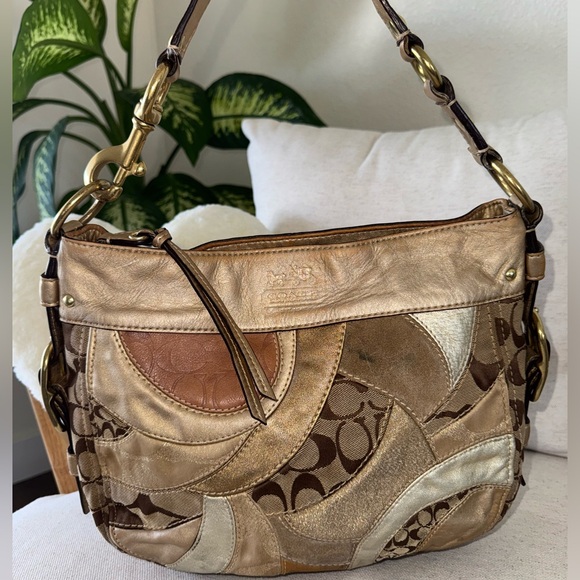 Coach Zoe Vintage Signature Jacquard Patchwork Gold Brown Shoulder Y2K Bag 12662